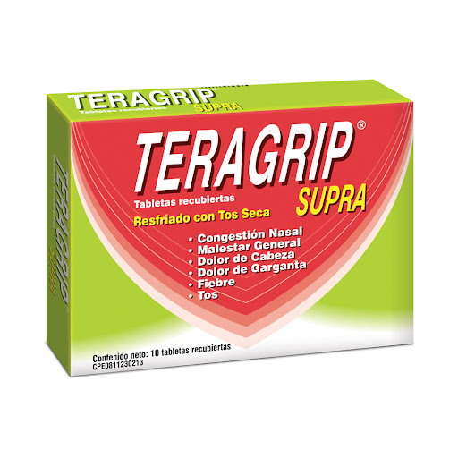 TERAGRIP SUPRA (ACETAMINOFEN - PSEUDOEFEDRINA - DEXTROMETORFANO - CLORFENIRAMINA) 650MG-30MG-15MG-4MG) X 10 TABLETAS (FARMA)