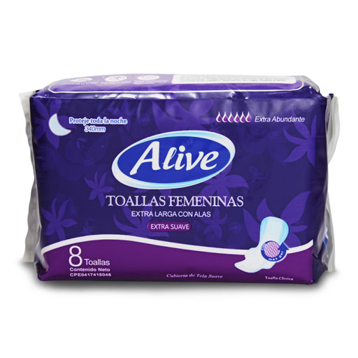 TOALLA SANITARIA ALIVE NOCTURNA EXTRA LARGA X8 UND (ALIVE)