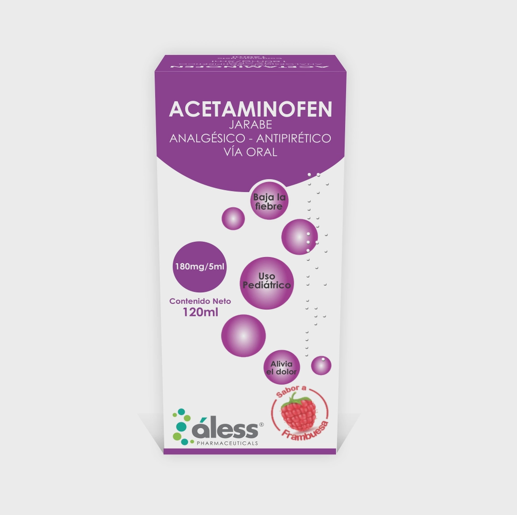 ACETAMINOFEN JARABE PEDIÁTRICO SABOR FRAMBUESA 180MG/5ML X 120ML (ALESS)