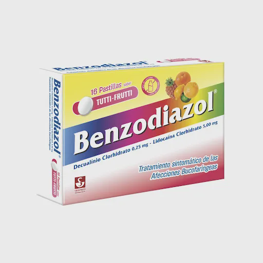 [7592601100874] BENZODIAZOL TUTTI FRUTTI (DECUALINIO DE CLORHIDRATO - LIDOCAINA CLORHIDRATO) 0.25MG - 5MG X 16 TABLETAS (MEYER)