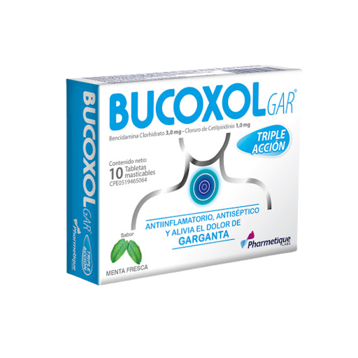 BUCOXOLGAR (BENCIDAMINA CLORHIDRATO - CLORURO DE CETILPIRIDINIO) 3MG - 1MG X 10 TABLETAS MASTICABLES (PHARMETIQUE)