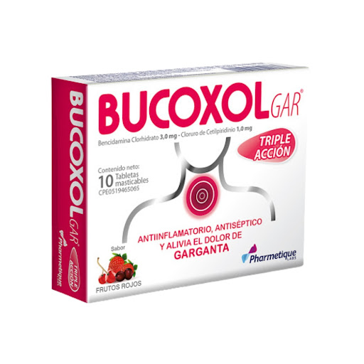 BUCOXOLGAR FRUTOS ROJOS (BENCIDAMINA CLORHIDRATO - CLORURO DE CETILPIRIDINIO) 3MG - 1MG X 10 TABLETAS MASTICABLES (LA SANTE)