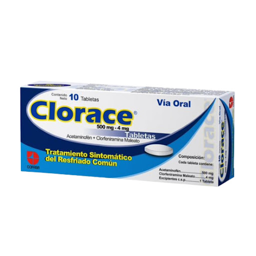 CLORACE (ACETAMINOFEN – CLORFENIRAMINA) 500MG-4MG X 10 TABLETAS (COFASA)