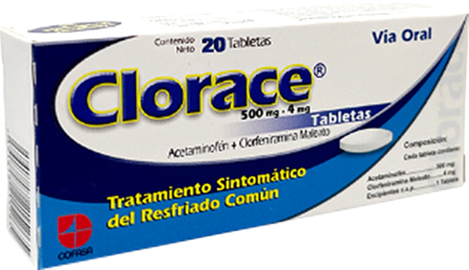 [7591818215265] CLORACE (ACETAMINOFEN – CLORFENIRAMINA) 500MG-4MG X 20 TABLETAS (COFASA)