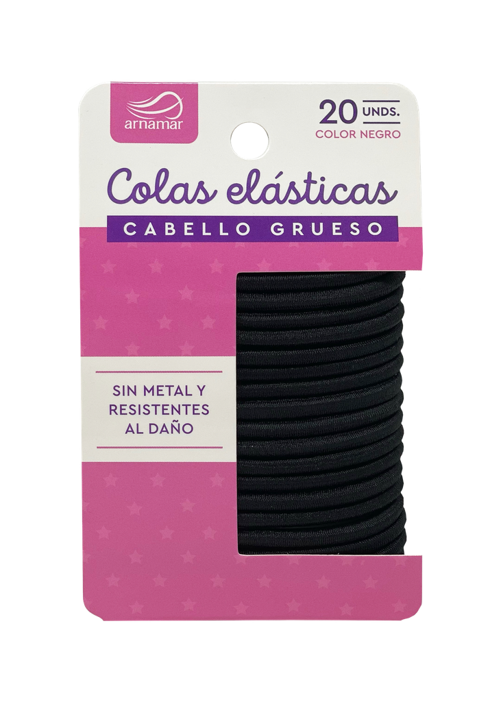 [7592425000077] COLAS ELÁSTICAS CABELLO GRUESO COLOR NEGRO 20 UNIDADES (ARNAMAR)