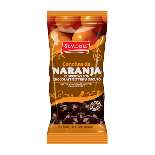 CONCHAS DE NARANJA CUBIERTAS CON CHOCOLATE 40GR (ST MORITZ)