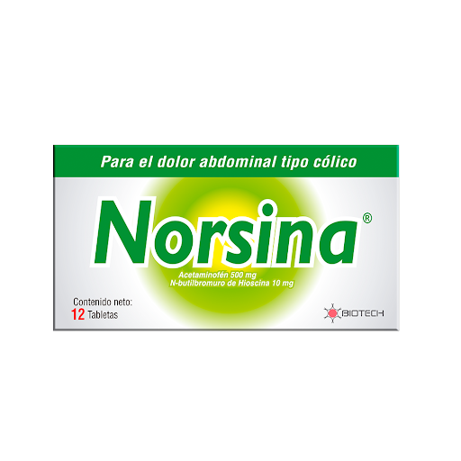 NORSINA (ACETAMINOFEN - N-BUTILBROMURO DE HIOSCINA) 500MG-10MG X 12 TABLETAS (BIOTECH)