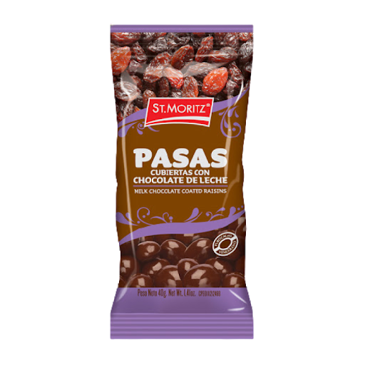 PASAS CUBIERTAS CON CHOCOLATE DE LECHE ST MORITZ X 40G 40G (ST. MORITZ)