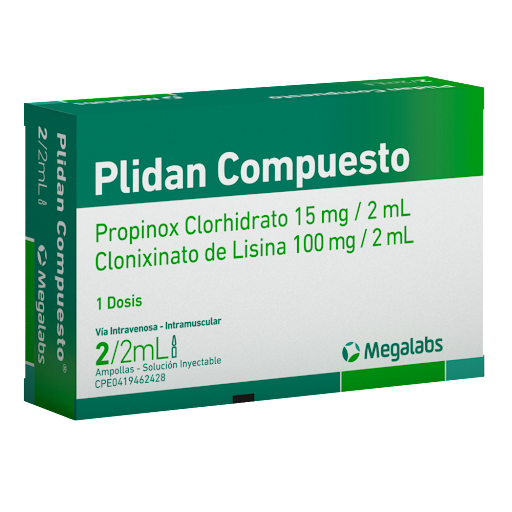[7591619518367] PLIDAN COMPUESTO (PROPINOX CLORHIDRATO - CLONIXATO DE LISINA) 15MG/2ML-100MG/2ML X 2 AMPOLLA (MEGALABS)